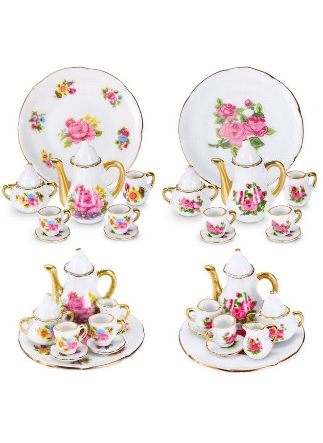 Sieral 2 Set 1:12 Miniature Tea Cup Sets Porcelain Dollhouse Accessories Dollhouse Decoration Mini Flower Pattern Teapot Cup Plates Set For Little Girls Dollhouse Coffee Shop Kitchen Accessories  - Image 1