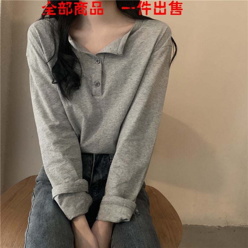 Gray long-sleeved T-shirt women's spring and autumn 2021 new Korean products students loose and thin bottoming shirt with a top white[goodquality] XL recommends 120-135 pounds - Image 2