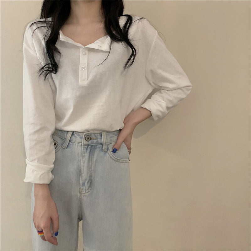 Gray long-sleeved T-shirt women's spring and autumn 2021 new Korean products students loose and thin bottoming shirt with a top white[goodquality] XL recommends 120-135 pounds - Image 1