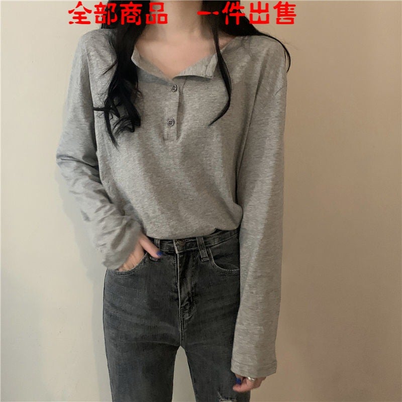 Gray long-sleeved T-shirt women's spring and autumn 2021 new Korean products students loose and thin bottoming shirt with a top white[goodquality] XL recommends 120-135 pounds - Image 5