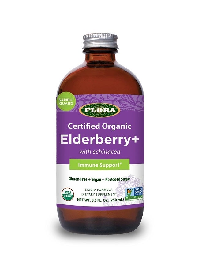 Flora Organic Black Elderberry Syrup + 8.5oz - Immune Booster with Echinacea, for Kids & Adults, No Added Sugar, Gluten Free, Vegan, SambuGuard - Image 1