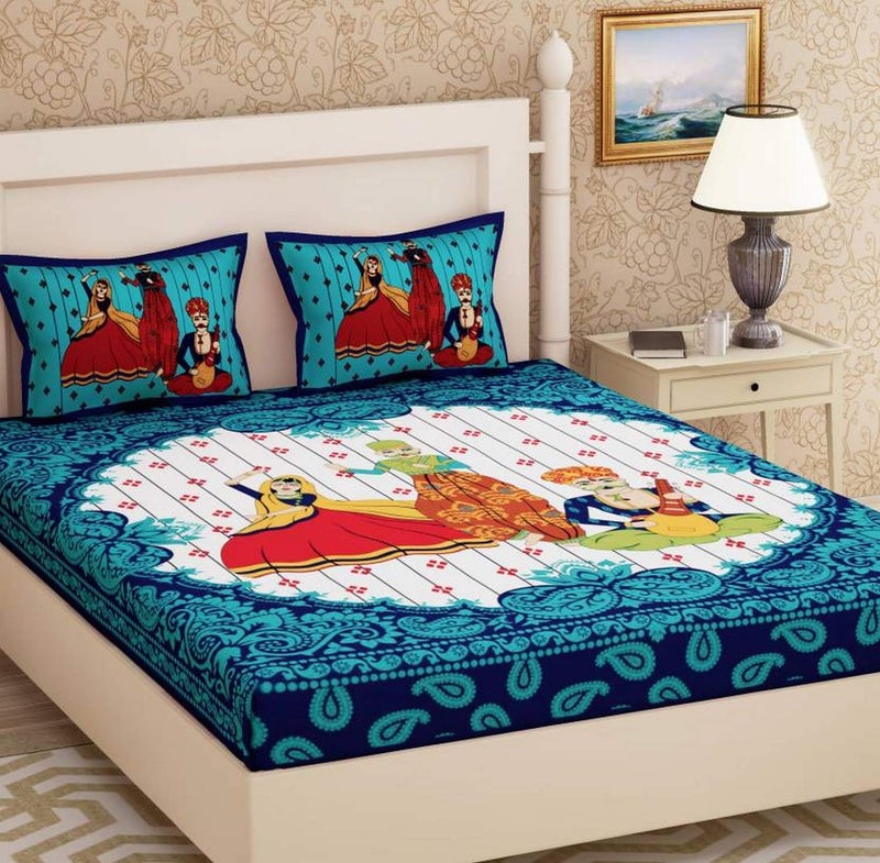 BedZone 100 Cotton Double BedSheet for Double Bed with 2 Pillow Covers Set Queen Size Bedsheet Series 180 TC 3D Printed Pattern