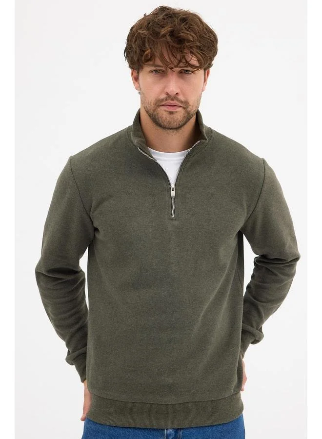 Men's Khaki Standard Fit Regular Cut Half-Zip Cotton Stand Collar Sweatshirt.
