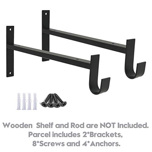 AddGrace Closet Rod Bracket Heavy Duty Shelf Brackets 8 Inch Black Wall Mounted Closet Rod Support with Pole Holder Industrial Iron Shelving Supports with Hook (2 Pack) - Image 2