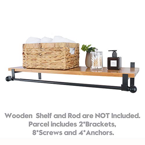 AddGrace Closet Rod Bracket Heavy Duty Shelf Brackets 8 Inch Black Wall Mounted Closet Rod Support with Pole Holder Industrial Iron Shelving Supports with Hook (2 Pack) - Image 3