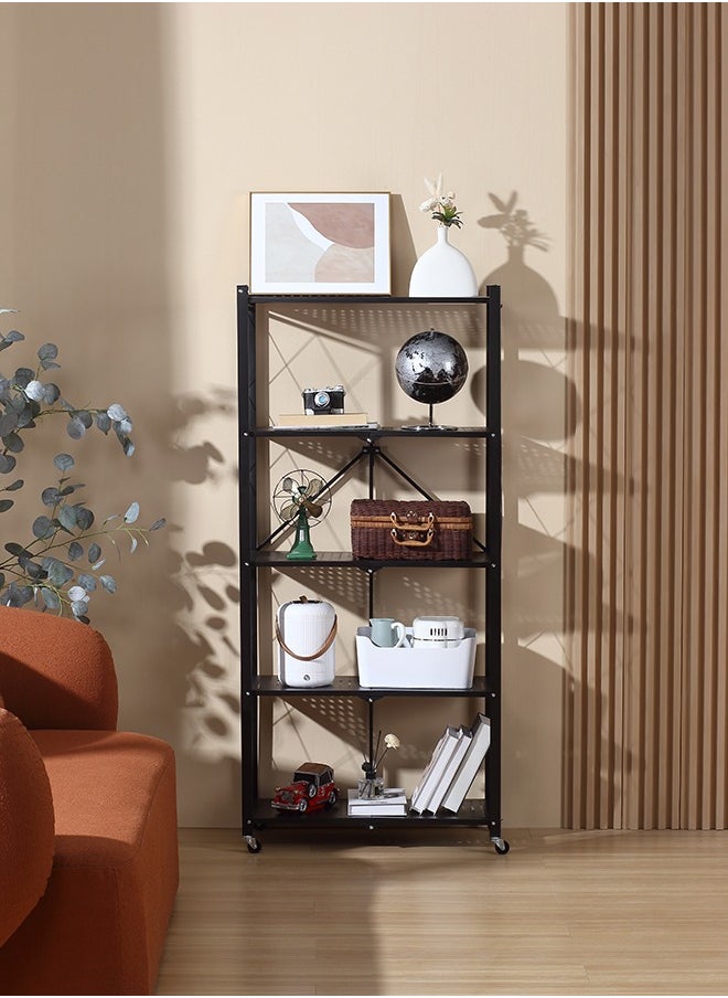 LAWAZIM Kitchen Foldable Shelves - 5 Layer, Black - Storage Shelving Unit Rack with Wheels, Perforated Carbon Steel Shelves - Ideal for Pantry, Garage, Closet Office and Commercial Storage  - Image 1