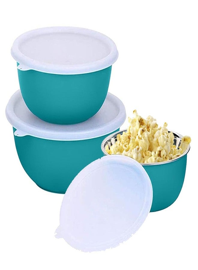 Zaib Microwave Safe Stainless Steel Mixing Bowl Set with Lids | 500ml, 750ml, 1250ml | Kitchen Food Storage Containers | Pack of 3 (Plain Turquoise 3) - Image 1