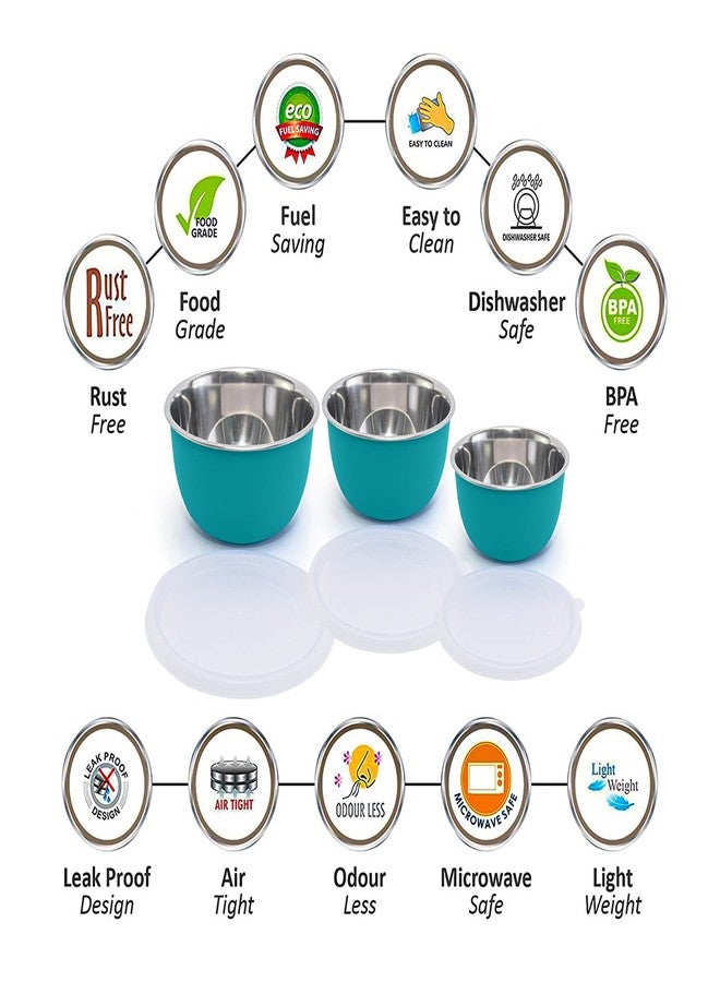 Zaib Microwave Safe Stainless Steel Mixing Bowl Set with Lids | 500ml, 750ml, 1250ml | Kitchen Food Storage Containers | Pack of 3 (Plain Turquoise 3) - Image 3