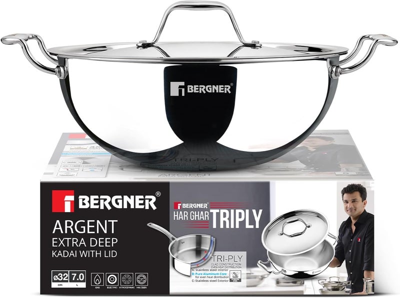Bergner Argent 32cm (7L) Tri-Ply Stainless Steel Deep Stir-Fry Pan, Multipurpose Curry Pan with Lid, Less Oil Use Healthy Cooking, Food Safe, Stay-Cool Handles, Induction & Gas Stove Compatible - Image 1