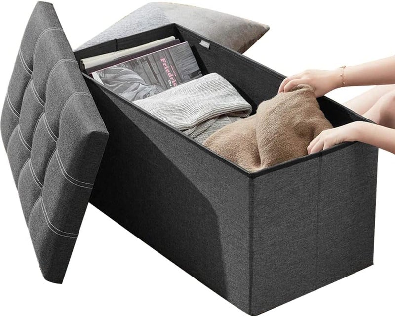 Neostyle Storage Ottoman Bench, Foldable ottoman foot rest seat,Foot Stool with 110L Capacity for Living Room and Bedroom(Dark Grey,76*38*38) (Cotton and Linen,Grey) - Image 1
