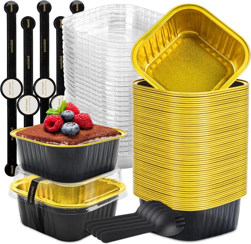 LOKQING 50 Pack Mini Cake Pans with Lids and Spoons Small Aluminum Foil Pans Square Baking Cups Disposable Ramekins Cupcake Liners for Brownie Pie (Black Gold, 5 oz) - Image 1