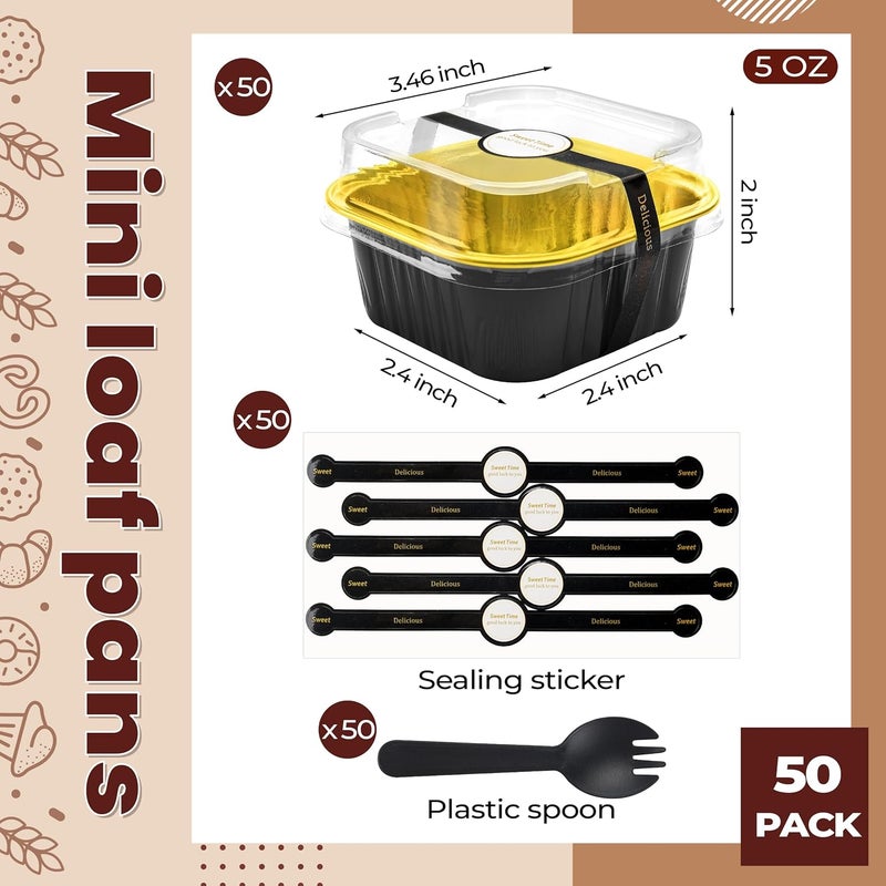 LOKQING 50 Pack Mini Cake Pans with Lids and Spoons Small Aluminum Foil Pans Square Baking Cups Disposable Ramekins Cupcake Liners for Brownie Pie (Black Gold, 5 oz) - Image 3