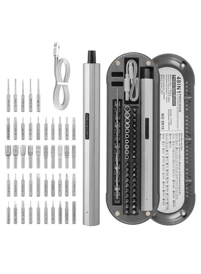Kalei佧镭 Kalei 48 in 1 Electric Screwdriver Precision Set Power Tool Kit Rechargeable Wireless Cordless Magnetic Bits for Repair Home Household - Grey - Image 1