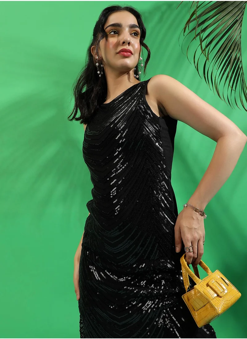 Campus Sutra Campus Sutra Women's Black Self-Design Dress with Sequin Detail For Casual Wear | Sleeveless | Polyester Knee Length Dress Crafted With Comfort Fit And High Performance For Everyday Wear