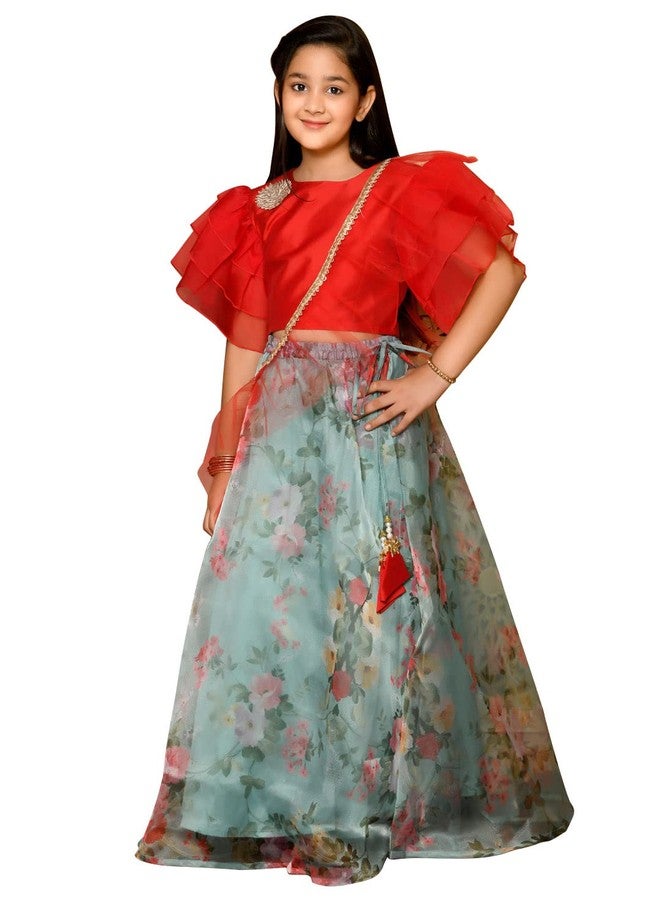 LILPICKS طقم شولي مزخرف مع ليهينغا مطبوعة للفتيات من ليلبيكس (سماء حمراء) (9-10 سنوات) - Image 1