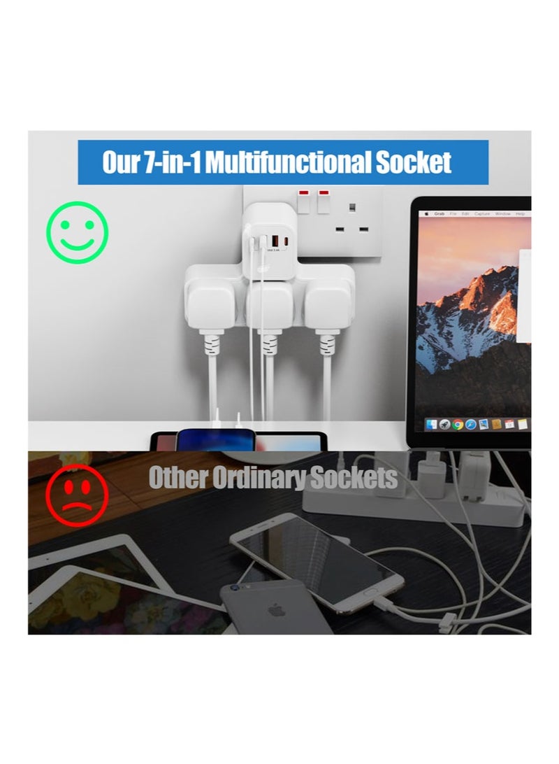 7 in 1 power socket, multi-function plug extender, 3 AC ports, 2 USB-A ports, 2 USB-C ports, British standard socket extender, suitable for bedroom, kitchen, living room - Image 5