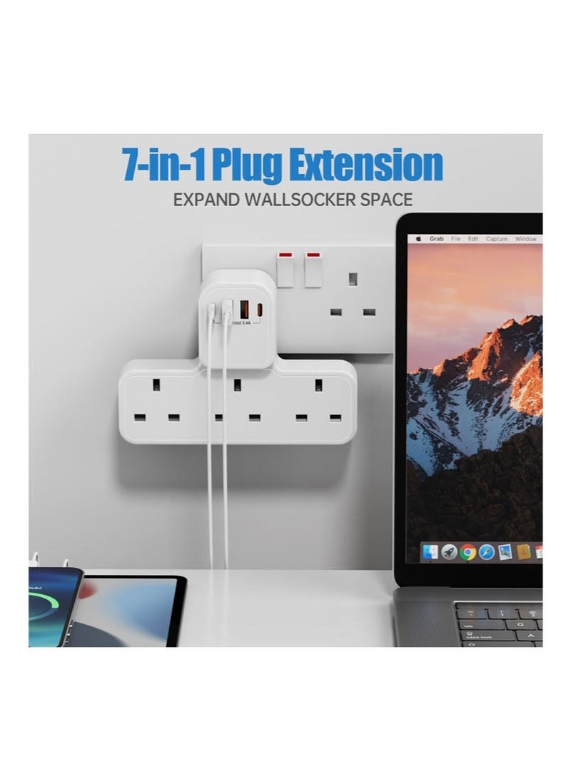 مقبس حائط، مقبس طاقة متعدد الوظائف 7 في 1، معيار بريطاني وحماية من الحمل الزائد، 3 منافذ تيار متردد + 2 منفذ USB-A + 2 منفذ USB-C، لغرفة النوم والمطبخ وغرفة المعيشة - Image 1