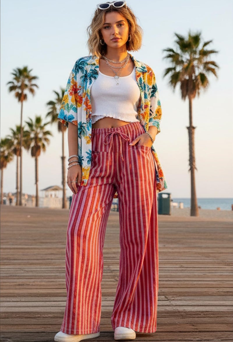 MISSACTIVER Women Drawstring Striped Pants Loose Wide Leg Trousers Casual Low Waist Pants Comfy Lounge Pants with Pockets - Image 2