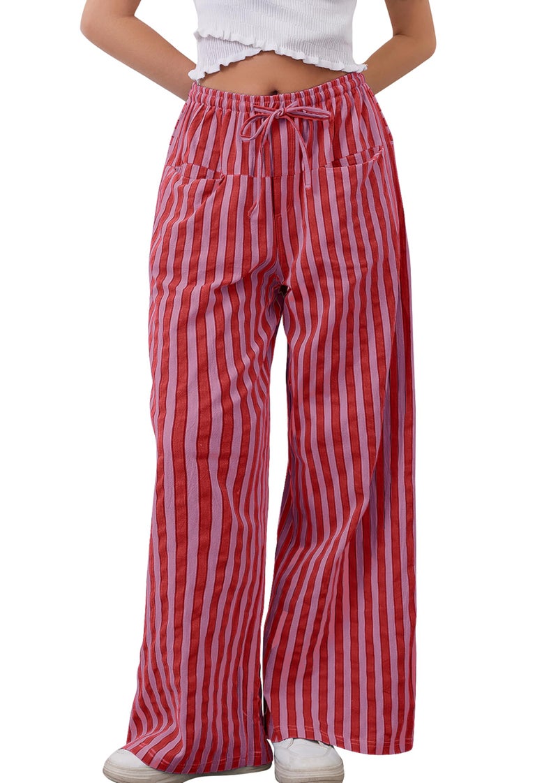 MISSACTIVER Women Drawstring Striped Pants Loose Wide Leg Trousers Casual Low Waist Pants Comfy Lounge Pants with Pockets - Image 1