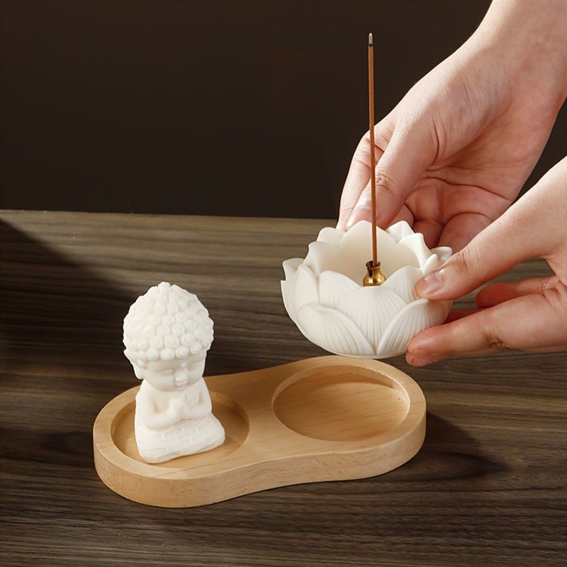 Ceramic Lotus Incense Holder With Wooden Plate Retro Ivory Design For Yoga Meditation - Image 4