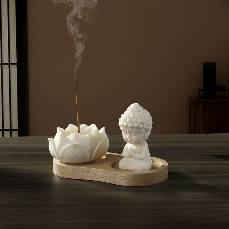 Ceramic Lotus Incense Holder With Wooden Plate Retro Ivory Design For Yoga Meditation - Image 1