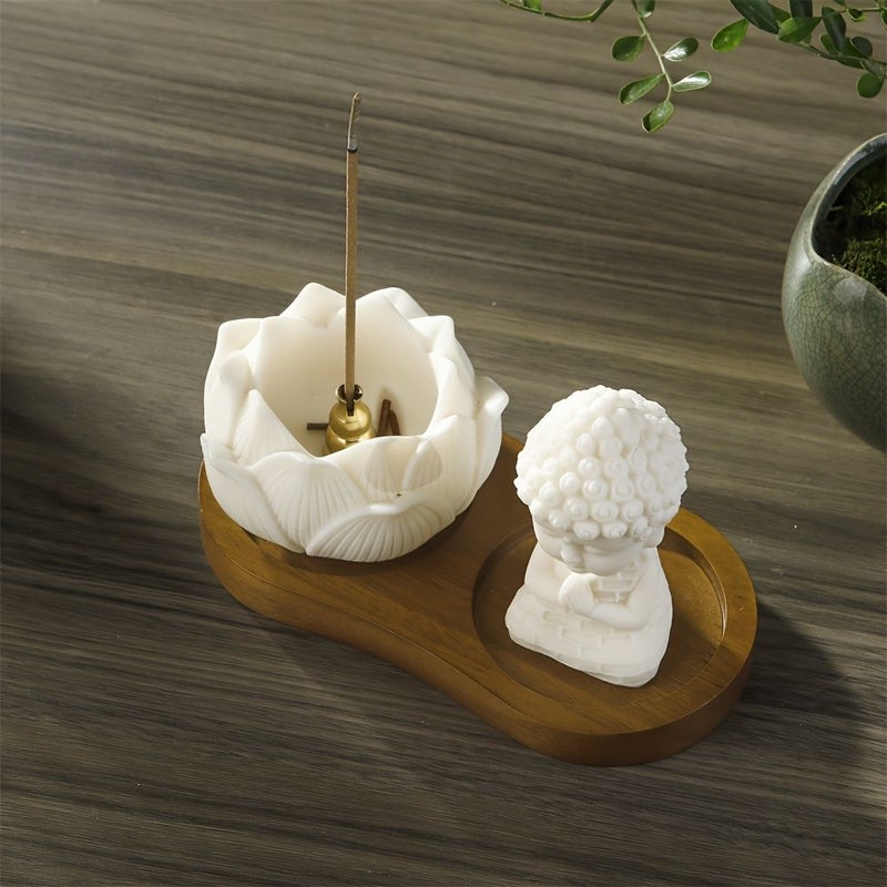 Ceramic Lotus Incense Holder With Wooden Plate Retro Ivory Design For Yoga Meditation - Image 5