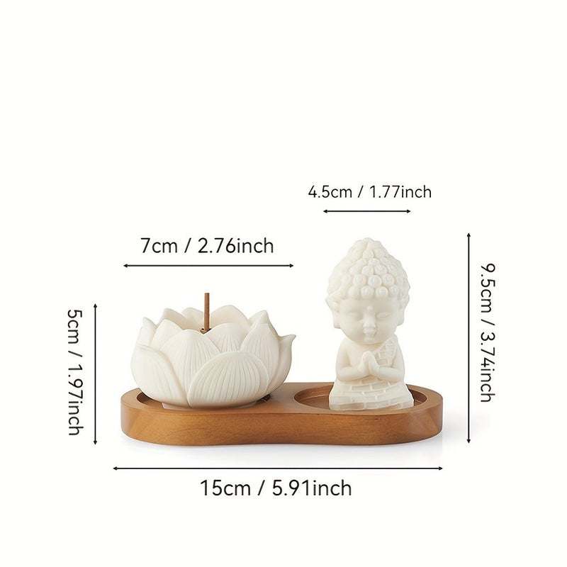 Ceramic Lotus Incense Holder With Wooden Plate Retro Ivory Design For Yoga Meditation - Image 3
