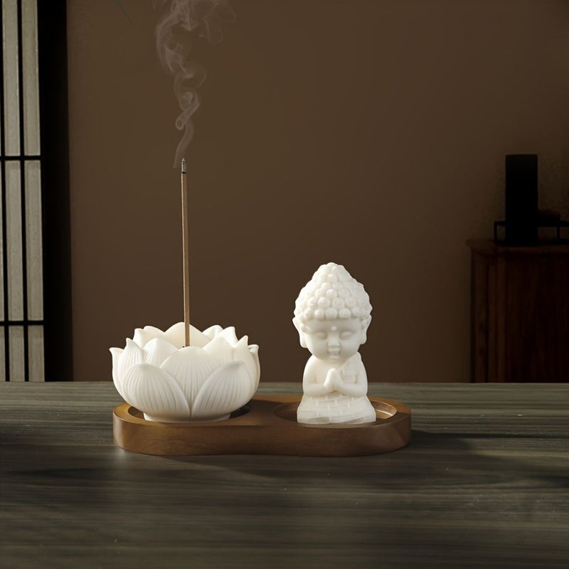 Ceramic Lotus Incense Holder With Wooden Plate Retro Ivory Design For Yoga Meditation - Image 2