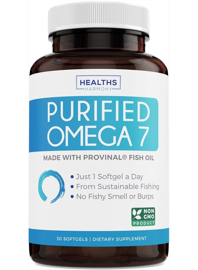 Healths Harmony Purified Omega 7 Softgels (Non-GMO) Provinal Provides a Pure Omega 7 Supplement Made from Peruvian Anchovy - Fish Oil - All The Palmitoleic Acid EE Your Body Needs - 1 Month Supply - Image 1
