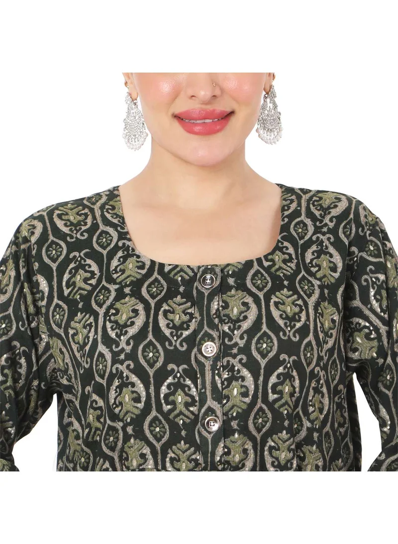 HANA & SARA SHORT GREEN COLOUR STYLISH HIGH QUALITY PRINTED WITH FRONT BUTTONED STYLED ARABIC KAFTAN JALABIYA DRESS
