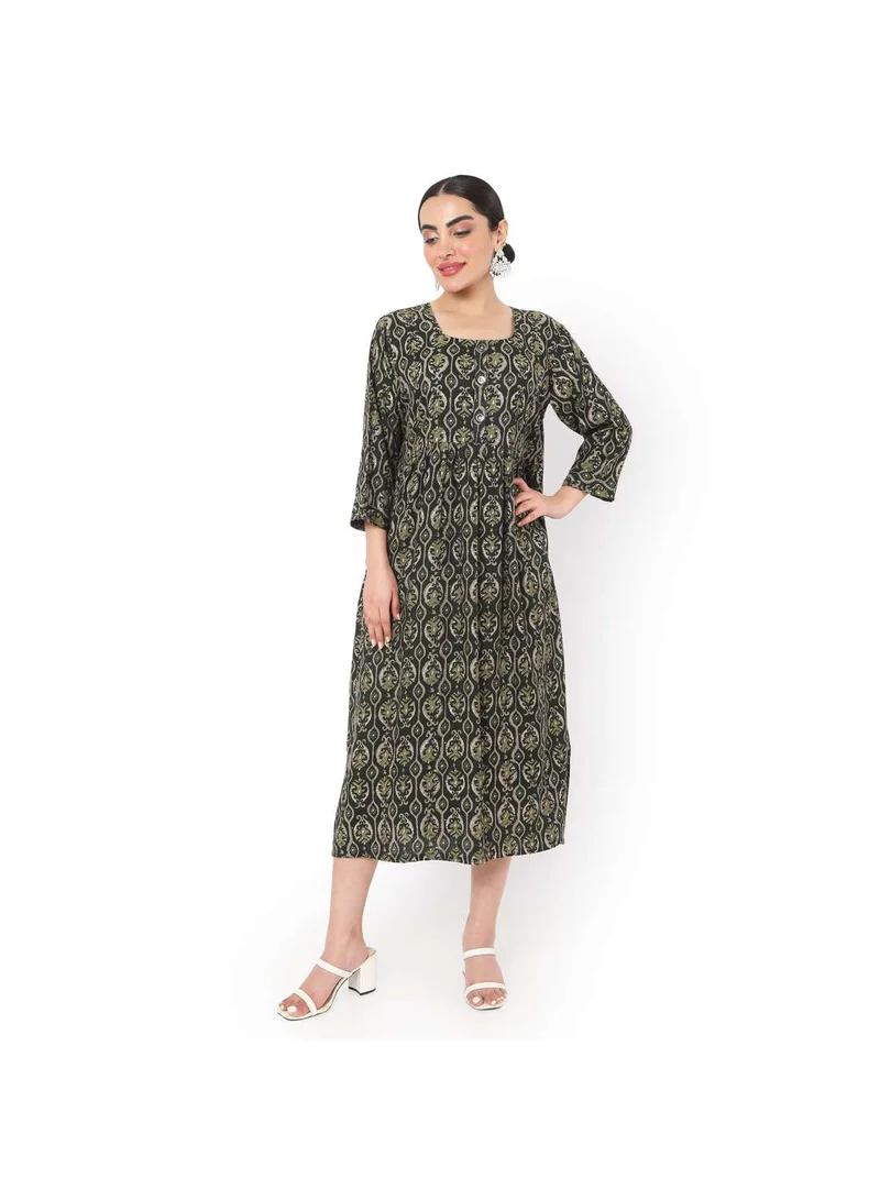 HANA & SARA SHORT GREEN COLOUR STYLISH HIGH QUALITY PRINTED WITH FRONT BUTTONED STYLED ARABIC KAFTAN JALABIYA DRESS
