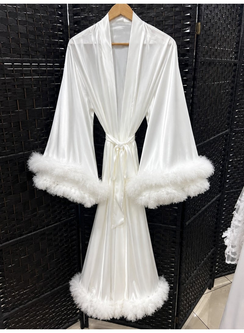 Luxurious white satin bridal robe with soft feather trim (midi length) – perfect for hair and makeup, morning preparations, and photoshoots – elegant women's robe with a belt – White. - Image 5