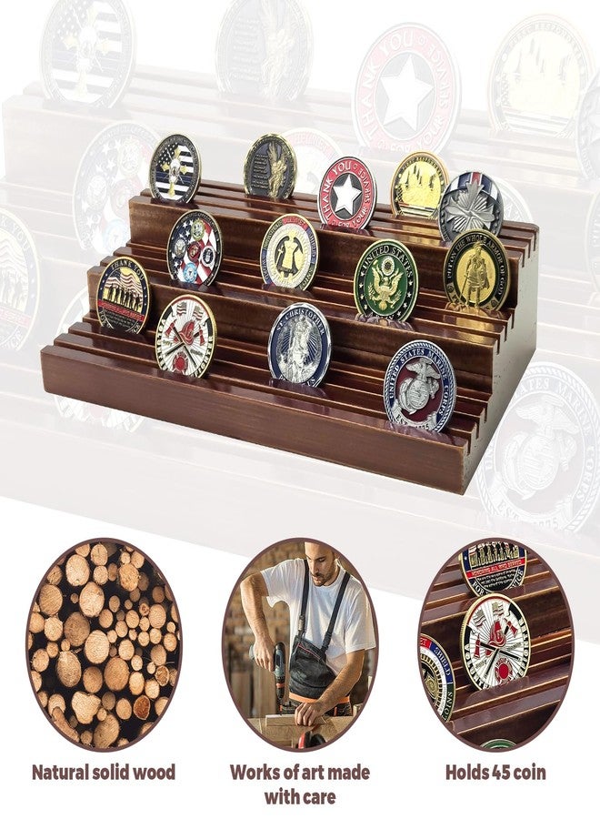 SPVIKISGO Challenge Coin Display Stand, Solid Wood Military Coin Holder Display, 9 Rows of Challenge Coin Holders, Holds 45-60 Coins - Image 4