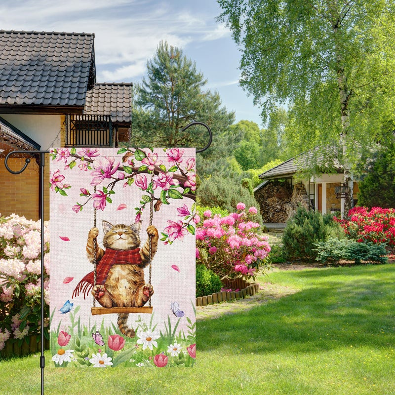 Heyfibro Spring Cute Cat Welcome Garden Flag 12X18 Inch Double Sided Burlap Butterfly Floral Yard Flag For Seasonal Holiday Farmhouse Outdoor Decor(Only Flag) - Image 3