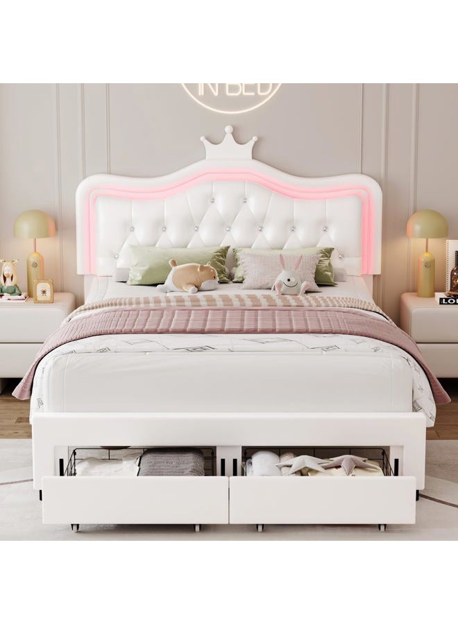 Keyluv Full Upholstered LED Bed Frame with Storage Drawer, Leather Princess Platform Bed with Adjustable Crystal Button Tufted Crown Headboard, Solid Wooden Slats Support, No Box Spring Needed, White - Image 5