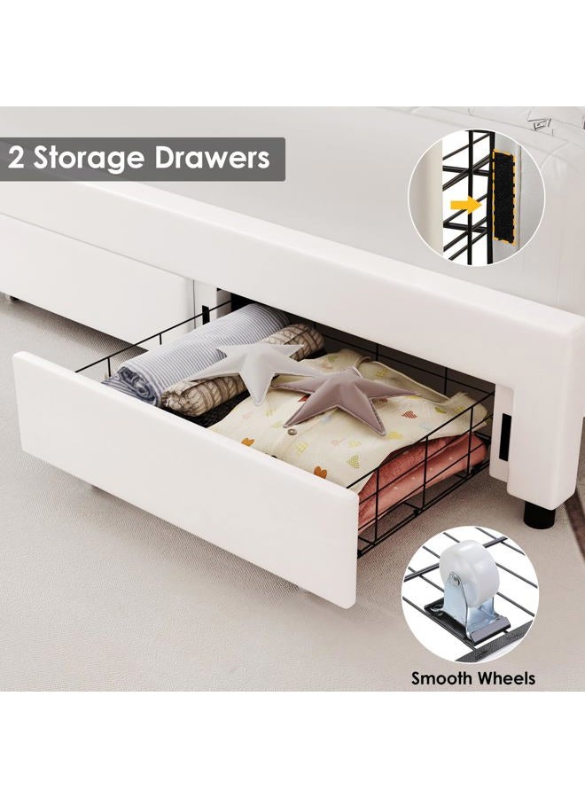Keyluv Full Upholstered LED Bed Frame with Storage Drawer, Leather Princess Platform Bed with Adjustable Crystal Button Tufted Crown Headboard, Solid Wooden Slats Support, No Box Spring Needed, White - Image 4