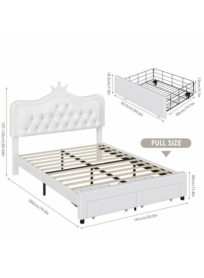 Keyluv Full Upholstered LED Bed Frame with Storage Drawer, Leather Princess Platform Bed with Adjustable Crystal Button Tufted Crown Headboard, Solid Wooden Slats Support, No Box Spring Needed, White - Image 2