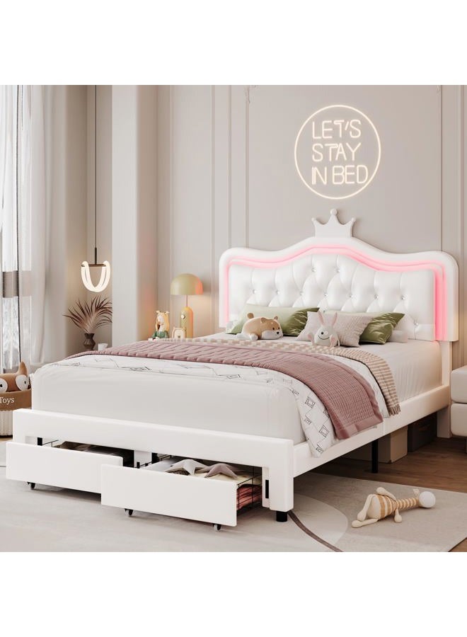 Keyluv Full Upholstered LED Bed Frame with Storage Drawer, Leather Princess Platform Bed with Adjustable Crystal Button Tufted Crown Headboard, Solid Wooden Slats Support, No Box Spring Needed, White - Image 1
