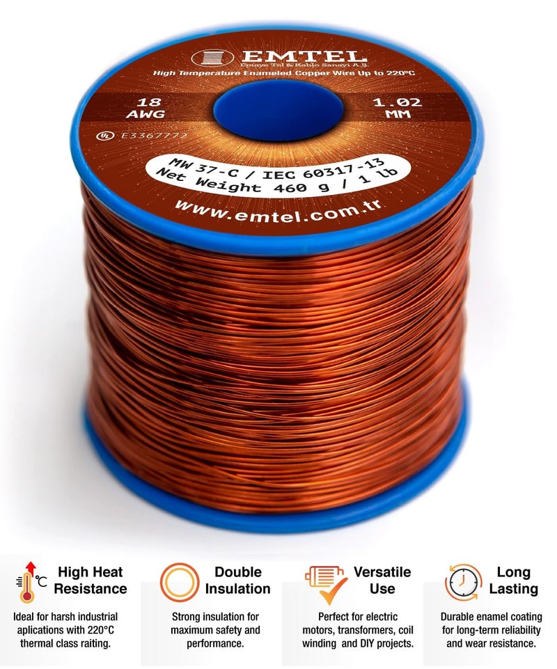 Emtel 18 AWG - 1 lb (202 feet) 99.9% Pure Copper Wire, Enameled Magnetic Wire for Motor, Transformer, Magnetic Coil, & Electroculture Gardening, Winding Magnet Wire - 220Â°C (428Â°F) Thermal Class - Image 2
