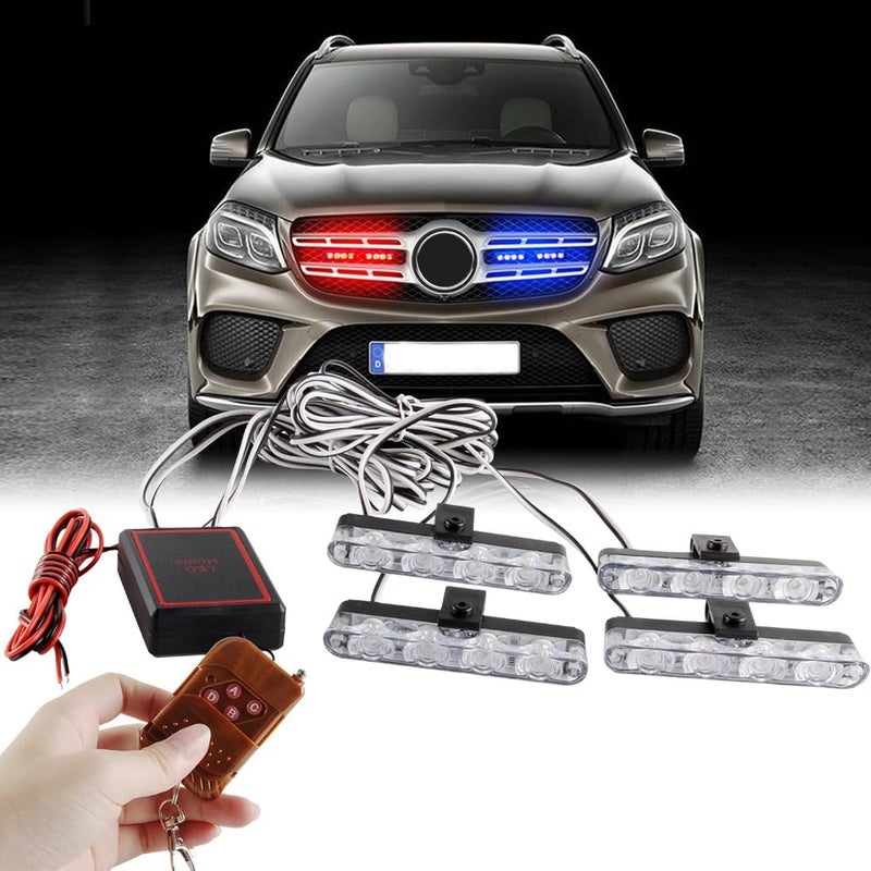 4 في 1 أضواء وميض طارئ أحمر وأزرق أضواء شرطة للمركبات 12V مع 16 نمط وميض جهاز تحكم عن بعد لاسلكي أضواء شبكية أضواء طارئة للمركبات سيارة شاحنة فان SUV - Image 1