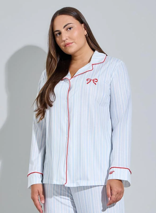 Styli Plus Size Blue Striped With Bow Detail Shirt and Pants Pyjama Set