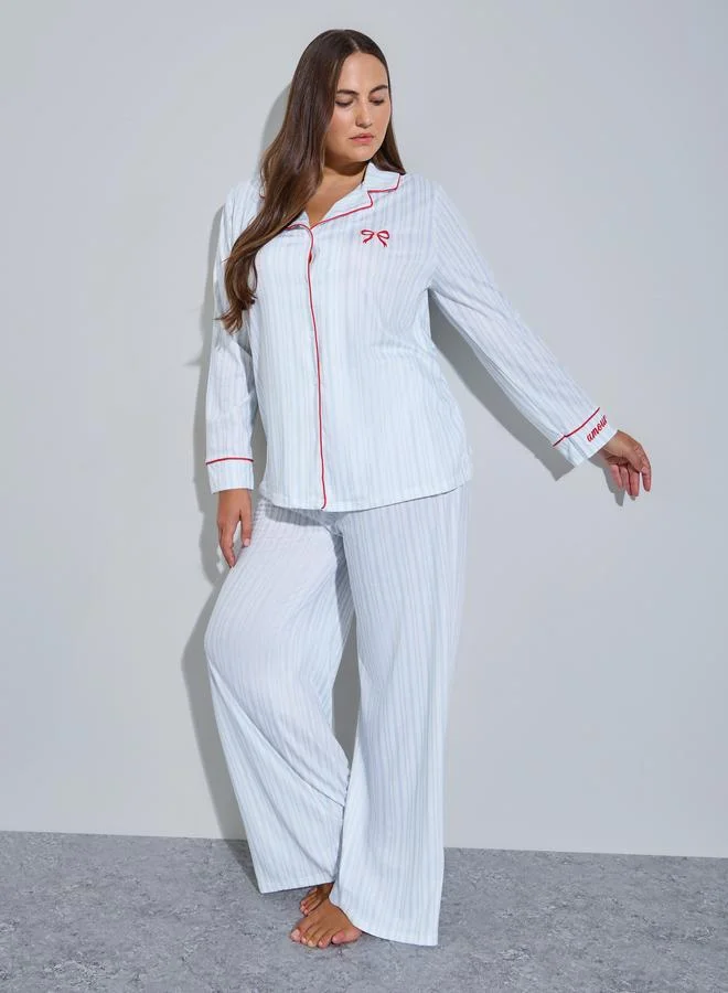 Styli Plus Size Blue Striped With Bow Detail Shirt and Pants Pyjama Set