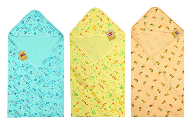 Fareto Infantbond Baby Super Soft Hosiery Single Layer Hooded Wrapper | Blanket | Towel(0-6 Months)(L-31 Inchs, B-28 Inchs, Multicolor, cotton) - Image 1