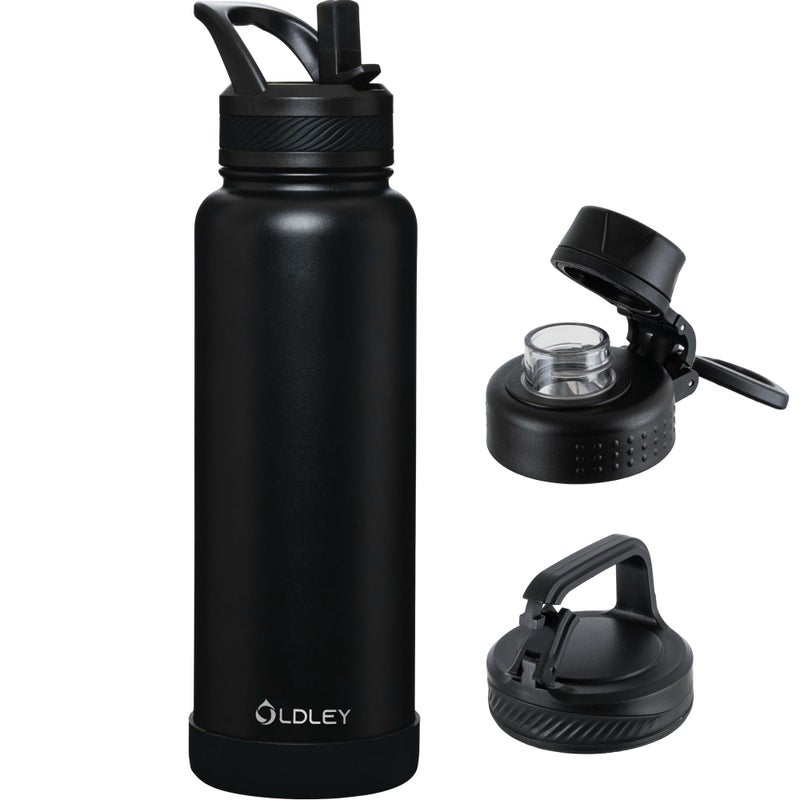 OLDLEY 40 oz Insulated Water Bottle With Straw, Stainless Steel Sports Water Cup Flask with 3 Lids(Straw, Spout and Handle Lid) Double Walled Travel Thermal Canteen Mug,Black - Image 1