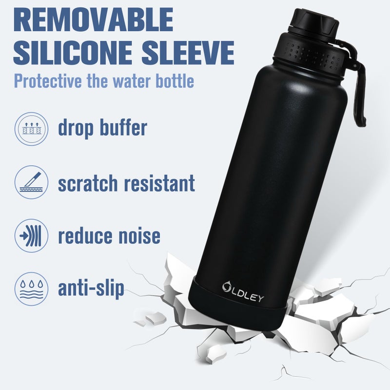 OLDLEY 40 oz Insulated Water Bottle With Straw, Stainless Steel Sports Water Cup Flask with 3 Lids(Straw, Spout and Handle Lid) Double Walled Travel Thermal Canteen Mug,Black - Image 5