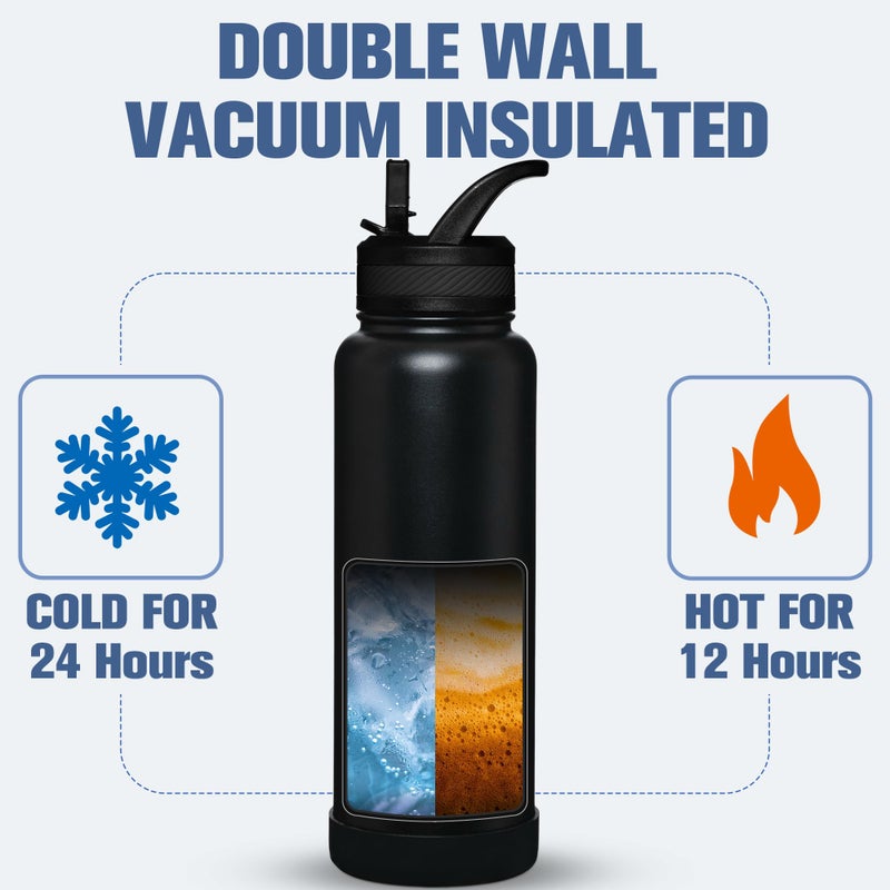 OLDLEY 40 oz Insulated Water Bottle With Straw, Stainless Steel Sports Water Cup Flask with 3 Lids(Straw, Spout and Handle Lid) Double Walled Travel Thermal Canteen Mug,Black - Image 4