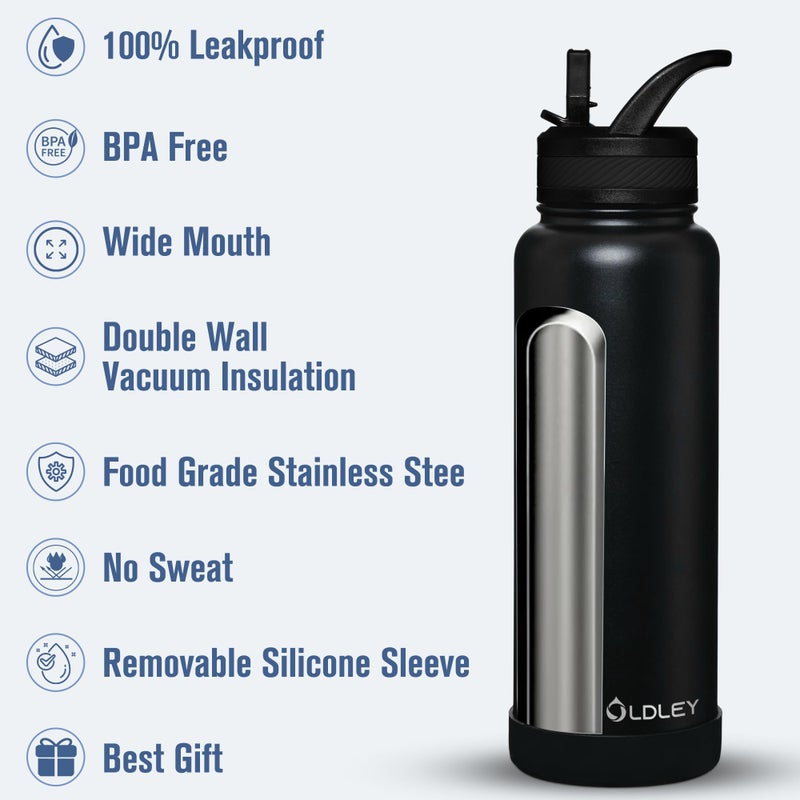 OLDLEY 40 oz Insulated Water Bottle With Straw, Stainless Steel Sports Water Cup Flask with 3 Lids(Straw, Spout and Handle Lid) Double Walled Travel Thermal Canteen Mug,Black - Image 3