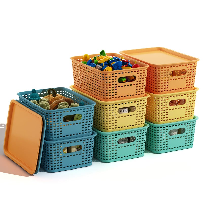 BOBIBOSS Colorful Plastic Storage Baskets with Lids 8 Pack Stackable Storage Bins Containers for Shelves Organizing, Colored Cute Decorative Storage Boxes for Classroom, Playroom, Closet, Pantry - Image 1
