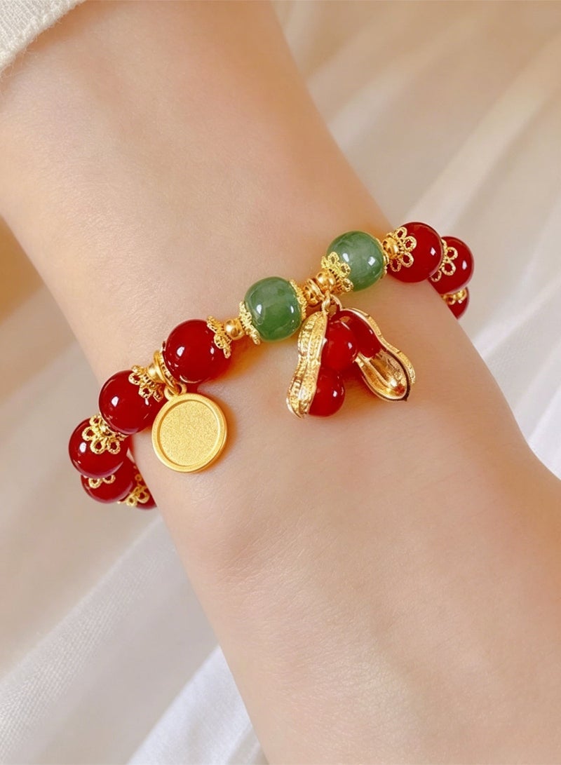 loven Jade Bracelet for Women Gold Leaf Peanut Apricot Leaves Bracelet Dainty Beaded Jade Bracelet Adjustable Lucky Green Jade Jewelry Yoga Beads Stretch Bracelet for Women Ladies Jewelry Gift （Red） - Image 5