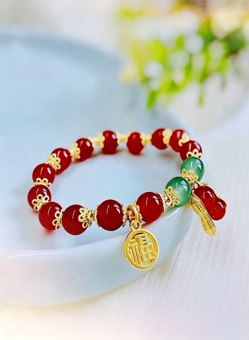 loven Jade Bracelet for Women Gold Leaf Peanut Apricot Leaves Bracelet Dainty Beaded Jade Bracelet Adjustable Lucky Green Jade Jewelry Yoga Beads Stretch Bracelet for Women Ladies Jewelry Gift （Red） - Image 3